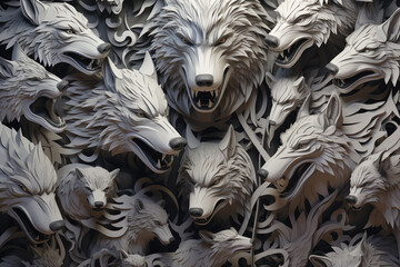 Aufkleber - An elaborate paper-cut design of a pack of wolves, with each individual cutout meticulously crafted to showcase their strength and unity as a pack.  Generative AI technology.