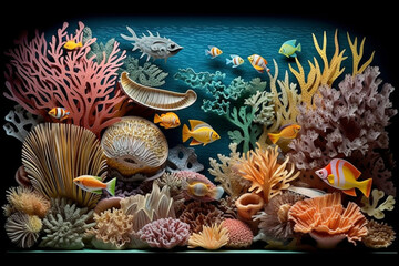 Leinwandbilder - A detailed paper-cut representation of a coral reef, with intricately cut corals, fishes, and sea turtles, showcasing the artist's ability to capture the vibrant.  Generative AI technology.