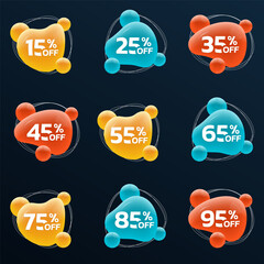 Canvas Print - sale icon, logo or label set. 3d abstract liquid shape design. 15, 25, 35, 45, 55, 65, 75, 85, 95 pr