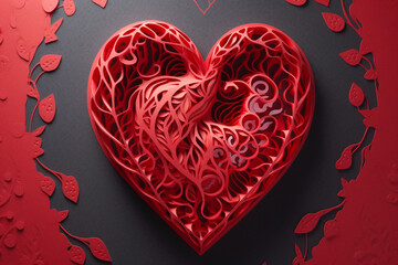 Poster - A captivating paper-cut design of DNA helixes intertwining and forming a heart shape, symbolizing the connection between genetics and the essence of life and love. Generative AI technology.