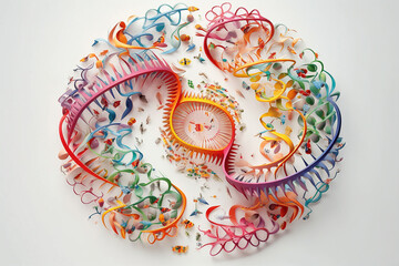 Poster - A delicate paper-cut artwork of a DNA molecule surrounded by vibrant cells, with each cutout representing different cell types and their functions.  Generative AI technology.