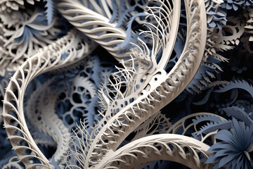 Poster - A mesmerizing paper-cut representation of a DNA molecule unraveling and forming intricate patterns and shapes.  Generative AI technology.