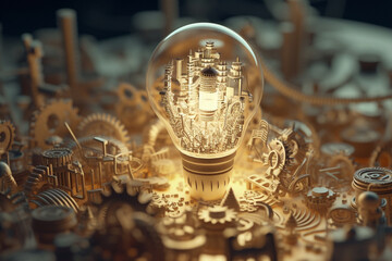 Poster - An intricate paper-cut scene of a lightbulb surrounded by gears and machinery solutions. Generative AI technology.