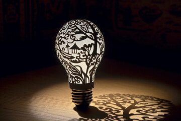 Aufkleber - A stunning paper-cut representation of a lightbulb illuminating a dark room, with delicate cutouts depicting rays of light dispersing and casting shadows.  Generative AI technology.