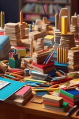 Poster - An intricate paper-cut design of a school desk with cutouts of textbooks, notebooks, and a pencil case.Generative AI technology.