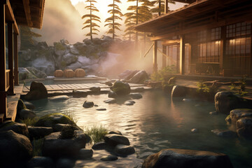 Poster - steam rising from natural hot springs, wooden bathhouses, and beautiful mountain scenery, capturing the relaxation and rejuvenation associated with this cultural practice.  Generative AI technology.
