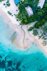 Wall Mural - Aerial view of a beautiful tropical beach resort and sea with palm trees and blue ocean.