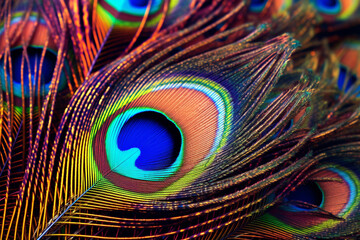 Aufkleber - A close-up photograph of a peacock feather, with its iridescent colors and intricate patterns,  Generative AI technology.