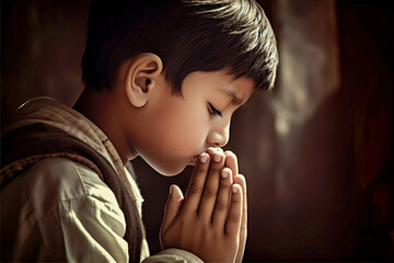 Little boy praying to god in church. Faith in religion and belief in God. Power of hope or love and devotion. 