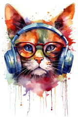  A watercolor painting of a cat wearing headphones. Generative AI.
