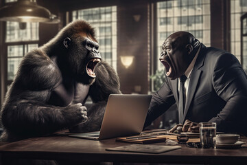 Image of two gorillas in business suits in a meeting in a New York office yelling at each other.