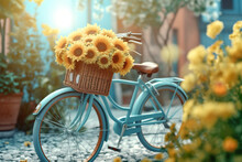 A Blue Bicycle With A Basket Of Sunflowers On It. Generative AI.