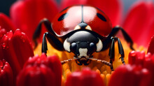 Close-up Of A Ladybug In A Red Flower. Wildlife Animals. Generative AI.