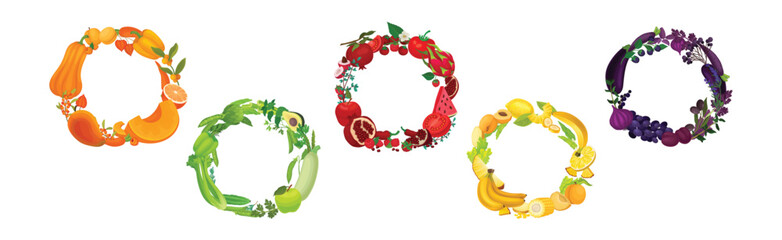 Fruit and Vegetable Wreath with Fresh and Ripe Garden Crops Vector Set