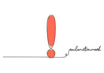 Wall Mural - exclamation mark - school education object, one line drawing continuous design, vector illustration.