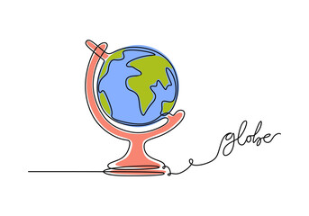 Wall Mural - globe - school education object, one line drawing continuous design, vector illustration.