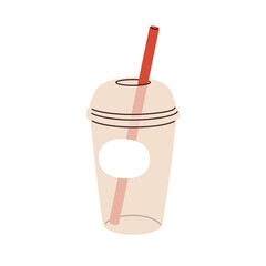 Takeaway plastic cup with straw in dome-shaped lid, cap. Empty take-away glass, transparent mug for cold drinks. Takeout beverage container. Flat vector illustration isolated on white background