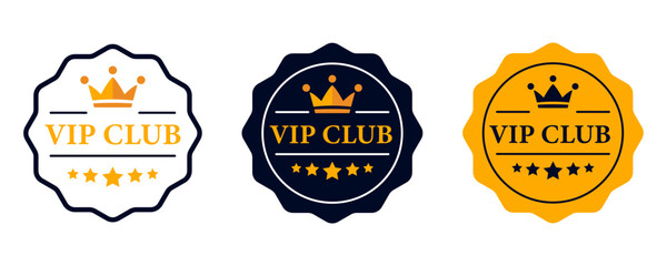 Vip club label, badge or tag. Vip club icons with crown and stars. Round label with three vip level in gold, silver and bronze color. Premium membership icon. Modern vector illustration