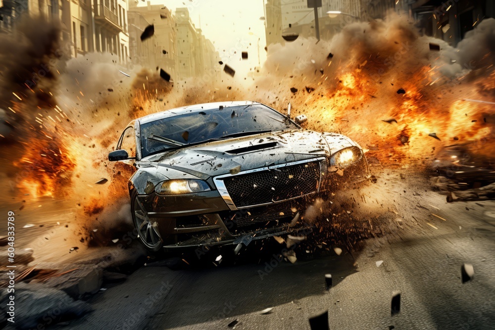 Action-packed image of secret agent engaged in a thrilling car chase ...