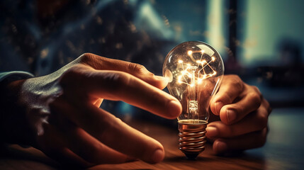 Man holding a bulb light. Brainstorming or great idea concept. Generative AI.