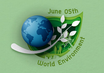 Fototapete - Giant global with origami paper cut in tree brunch and wording of world environment day on green background. Concept poster campaign of world environment day in paper cut style and vector design.