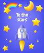 ©  Tati. Dsgn - 3D vector illustration of a cute cartoon astronaut flying a spaceship through the galaxy with colorful stars, a rainbow, and a comet in the background. Perfect for children's designs for birthday