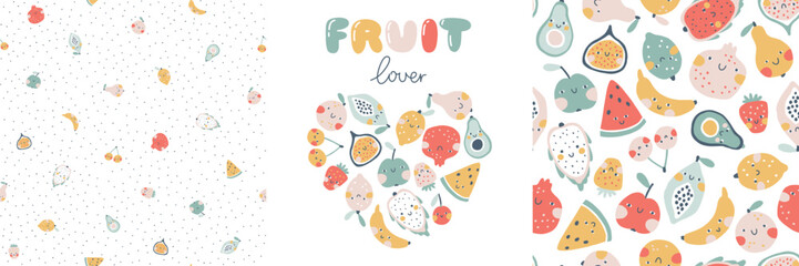 Tropical fruits seamless patterns set and composition in the heart template. Fruit lover. Vector cartoon background. Smiling fruit characters in simple hand-drawn style. Pastel trendy colors.