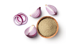 Onion Powder In Wooden Bowl And Fresh Red Onion Isolated On White Background, Top View, Flat Lay.