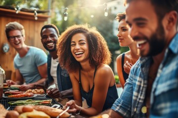 Friends enjoying a summer barbecue outdoors, highlighting fun, social interaction, and togetherness. Candid snapshot of casual leisure time, camaraderie, and shared meals, generative ai