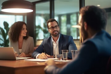 A financial advisor meeting with clients in an office, discussing finances, mortgages, and investing strategies. Reflects personal financial management and advisory services, generative ai