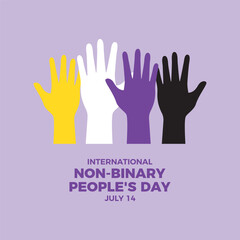 Wall Mural - International Non-Binary People's Day vector illustration. Colored raised hands up pride flag icon vector. LGBTQIA design element. July 14. Important day