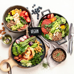 Wall Mural - Healthy vegetarian and vegan  salads and Buddha Bowls with vitamins, antioxidants, protein on light  background.