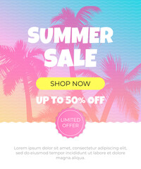 Summer sale banner design features a tropical beach landscape with palm tree leaves, gradient sky. The template includes a Shop Now button, zig zag geometry pattern, limited offer and typographic text