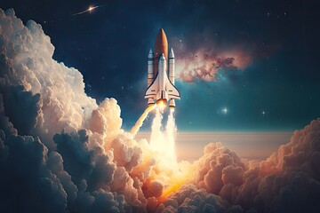 Wall Mural - rocket taking off into the sky with clouds and stars in the background, created with generative ai