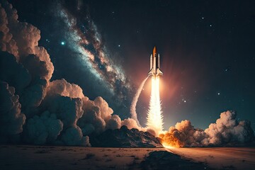 Wall Mural - a rocket blasting off into the night sky against a starry backdrop, created with generative ai