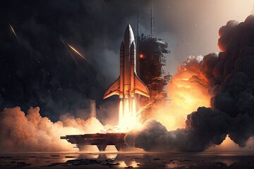 Wall Mural - rocket charging on launch pad, with flames and smoke visible, created with generative ai