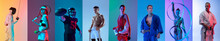 Collage With Image Of Professional Sport Player, Women And Men In Sportswear Fencing, Tennis, Fitness, Martial Arts, Gymnastics, Skating On Multicolor Neon Background