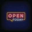 Neon Sign open today with brick wall background vector