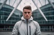 Medium shot portrait photography of a glad boy in his 30s wearing a lightweight windbreaker against a modern architecture background. With generative AI technology