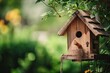 birdhouse with bird feeder and natural background of greenery, created with generative ai