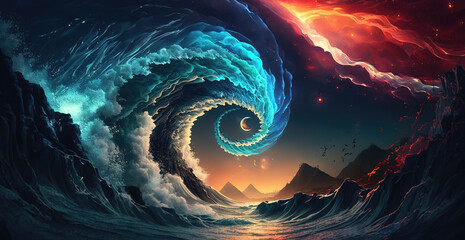 Wall Mural - a scifi illustration of big waves in space with lightning radiant parts, flee and ebb fantasy, generative ai technology