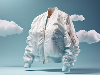 white Jacket clothes promotional photo beautiful electronic commercial photography , blue background, studio photo, clean design, pastel colors Generative AI