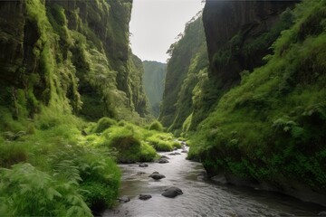 Wall Mural - lush green canyon, with rushing stream and towering cliffs in the background, created with generative ai