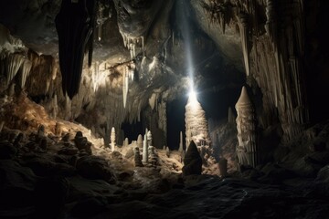 Wall Mural - cave with towering stalagmites and sparkling formations, surrounded by darkness, created with generative ai