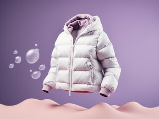 Wall Mural - white Puffer jacket clothes promotional photo beautiful electronic commercial photography , Purple background, studio photo, clean design, pastel colors Generative AI