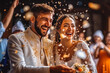 © VisualProduction - Happy wedding photography of bride and groom at wedding. Smiling couple at wedding, celebrating with family and friends. Generative AI