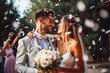 © VisualProduction - Happy wedding photography of bride and groom at wedding. Smiling couple at wedding, celebrating with family and friends. Generative AI