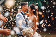 Happy wedding photography of bride and groom at wedding. Smiling couple at wedding, celebrating with family and friends. Generative AI