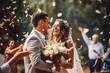 © VisualProduction - Happy wedding photography of bride and groom at wedding. Smiling couple at wedding, celebrating with family and friends. Generative AI