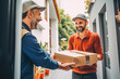 © VisualProduction - Courier making a delivery to person. Delivering directly to your door, home delivery and post service. Generative AI